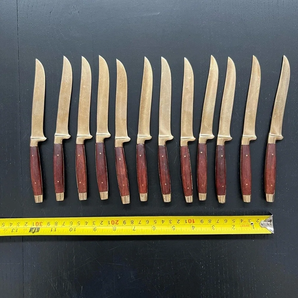 Vintage Brass Flatware Set of Knives Brass with Wood Grain Handle MCM 14pc